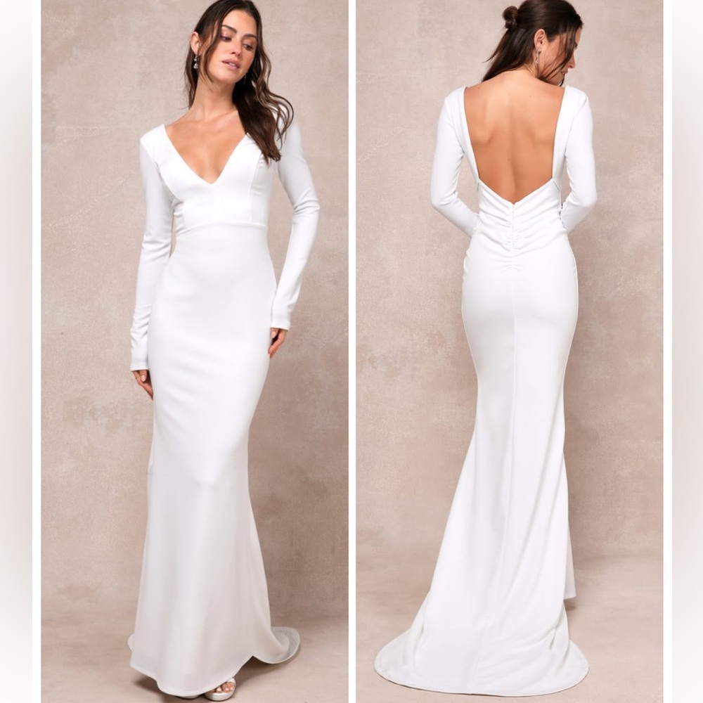 Lulus Extravagant Love White Backless Long Sleeve Ruched Maxi Dress Size Large